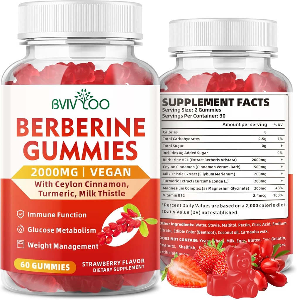 Berberine Gummies,Sugar Free 2000mg High Potency Berberine HCI Supplement, Plus Ceylon Cinnamon, Milchdistel für Frauen & Männer, Immunsystem & Stoffwechselunterstützung - 60 Gummies