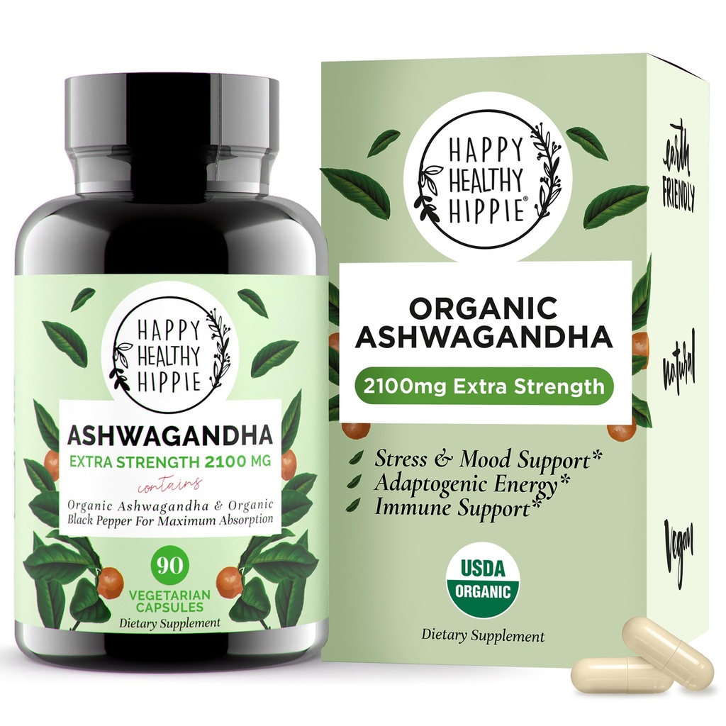 Organic Ashwagandha Capsules 2100mg – Stress Relief Supplement – Extra Strength, 100% Kräuter, Energie, Mood & Cortisol Manager, beinhaltet Schwarzer Pfeffer für hohe Absorption – Non-GMO, 90 Ct