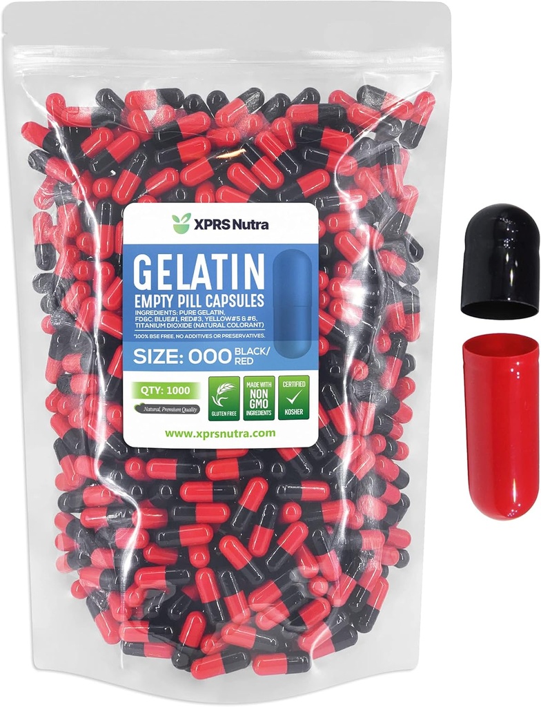 XPRS Nutra Taille 000 Capsules vides - 1000 Compte Grandes Capsules de gélatine vides - Pills pour supplément de bricolage Capsule de remplissage - Pills de gel de couleur rechargeable pour supplément de Do-It-Youlf (rouge/noir)