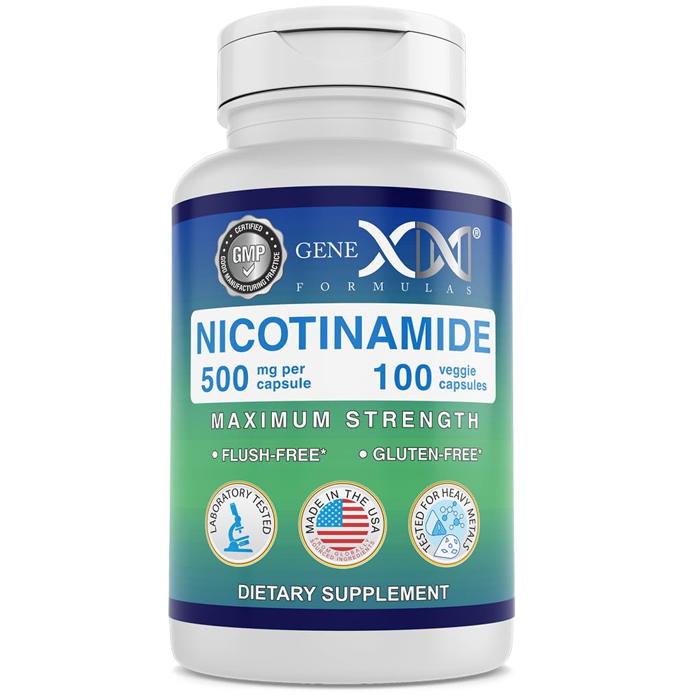 Formules Genex - Nicotinamide 500mg Vitamine B3 Capsules de niacine sans flush pour une peau saine - pilules de supplément Niacinamide Aidez à produire de la kératine et à soutenir la santé et l'énergie des cellules de la peau - (100 capsules)