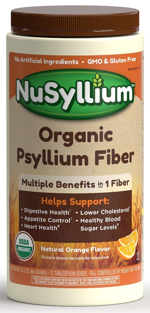 NuSyllium Psyllium Husk Powder, USDA Organic, 30.5 Oz, supplément de fibre alimentaire avec sucre brun, aide la santé digestive* Orange naturelle, 72 portions