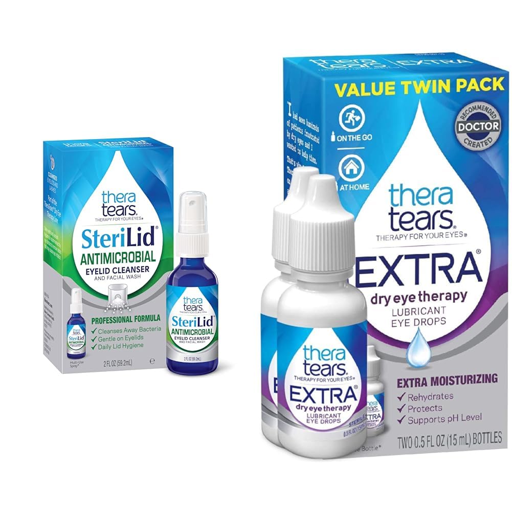 TheraTears Extra Dry Eye Therapy Schmieren Augentropfen für trockene Augen, 0.5 fl oz Flasche, 2 Count & SteriLid Eyelid Cleanser und Gesichtswäsche, für gereizte Augen, 2 fl oz Spray