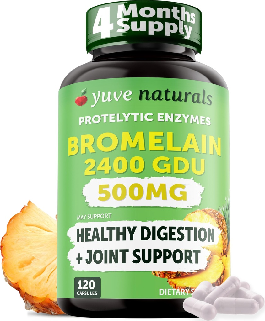 Yuve High Potency Bromelain 500mg 2400GDU Verdauungsenzyme - Gut & Joint Health von Ananas - Hilft Digesting Proteins - Plant-Based, Non-GMO, 3rd Party Tested - 120 Kapseln