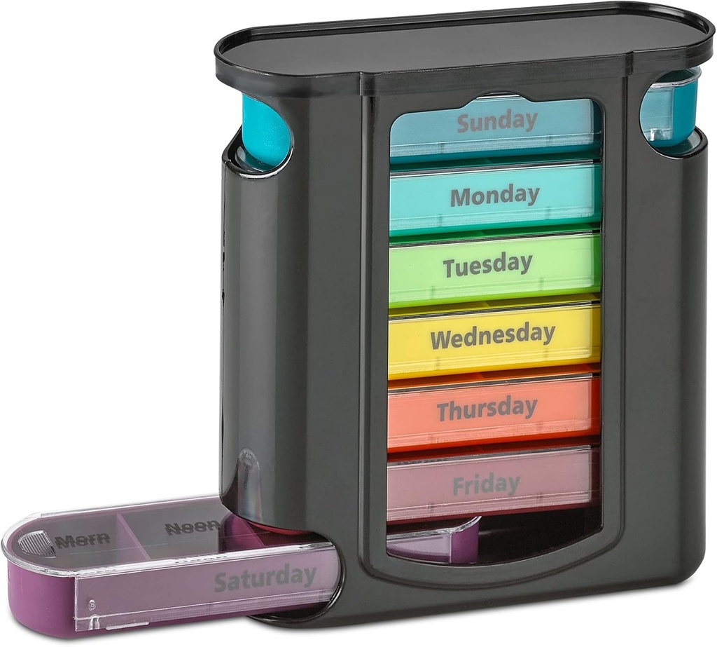 Wöchentliche Pille Organizer, 1 Dispenser, 7 Stapelbare Komponenten Four Times-a-Day - Morgen, Mittag, Abend, und Bedtime, Schwarz