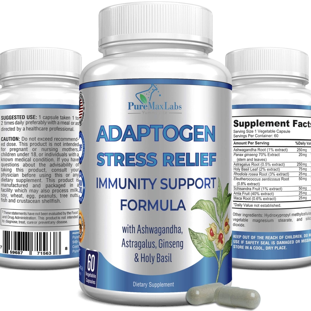 Adaptogen Stress Relief Immununterstützung Formel - Adaptogenic Adrenal Support mit Ashwagandha, Astragalus, Ginseng, Holy Basil, Rhodiola, Amla, Maca, Schisandra, Non-GMO - 60 Kapseln