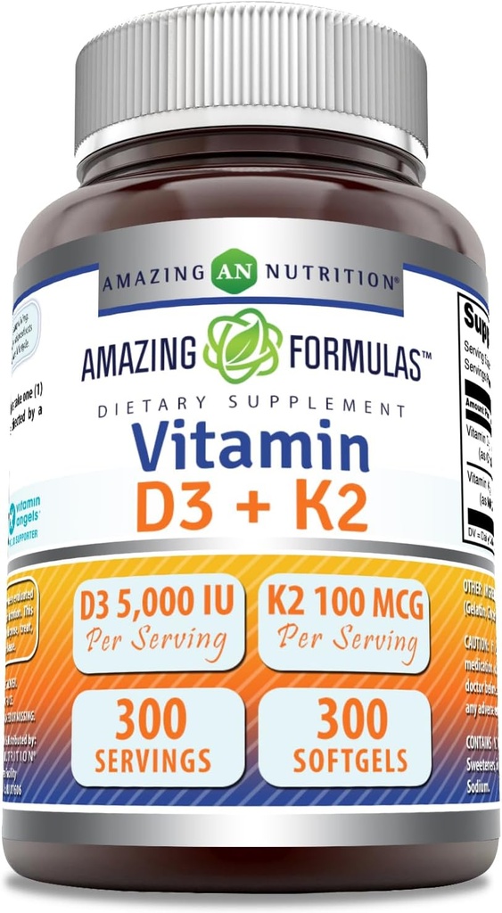 Erstaunliche Formeln Vitamin D3 5000 IU mit Vitamin K2 100 Mcg | D3 + K2 Complex Supplement | Softgels | Non-GMO | Gluten-Free | Made in USA (1 Pack, 300 Count)