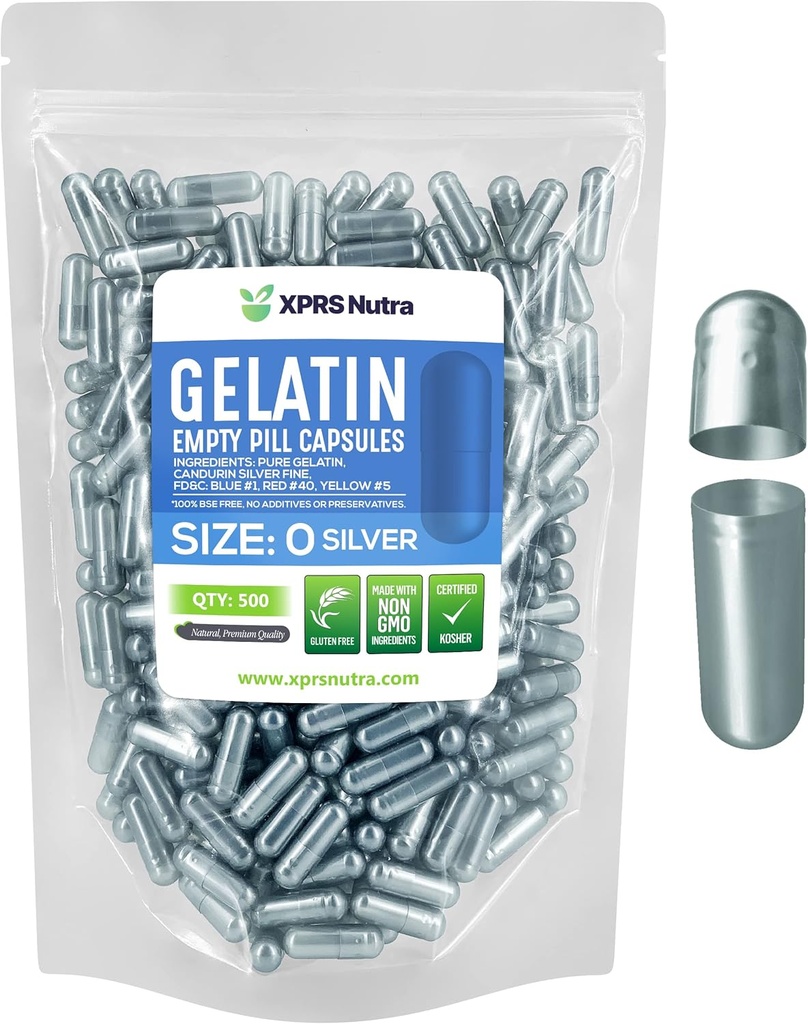 XPRS Nutra Größe 0 Leere Kapseln - 500 Graf Leere Gelatine Kapseln - Pillen DIY Kapsel Füllung - Pure Bovine Pille Gel Kapseln für Do-It-Yourself Ergänzungen (Silber)