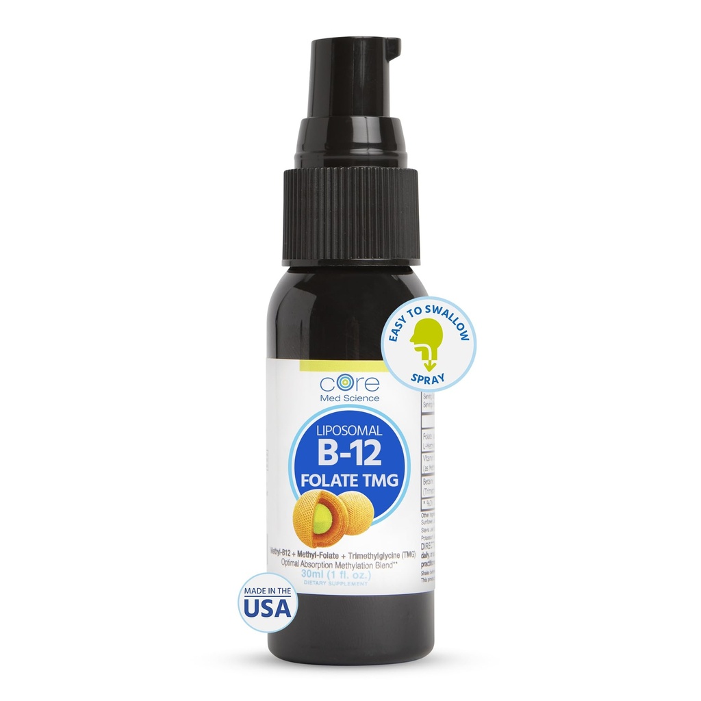 Core Med Science Liposomal B12 Folate TMG supplément de pulvérisation liquide pour les femmes et les hommes - Soutiens Mood, Cognitive, & Heart Health - Vitamine B9 & Betaine pour les niveaux d'homocystéine et le cycle de méthylation, 1 Fl Oz
