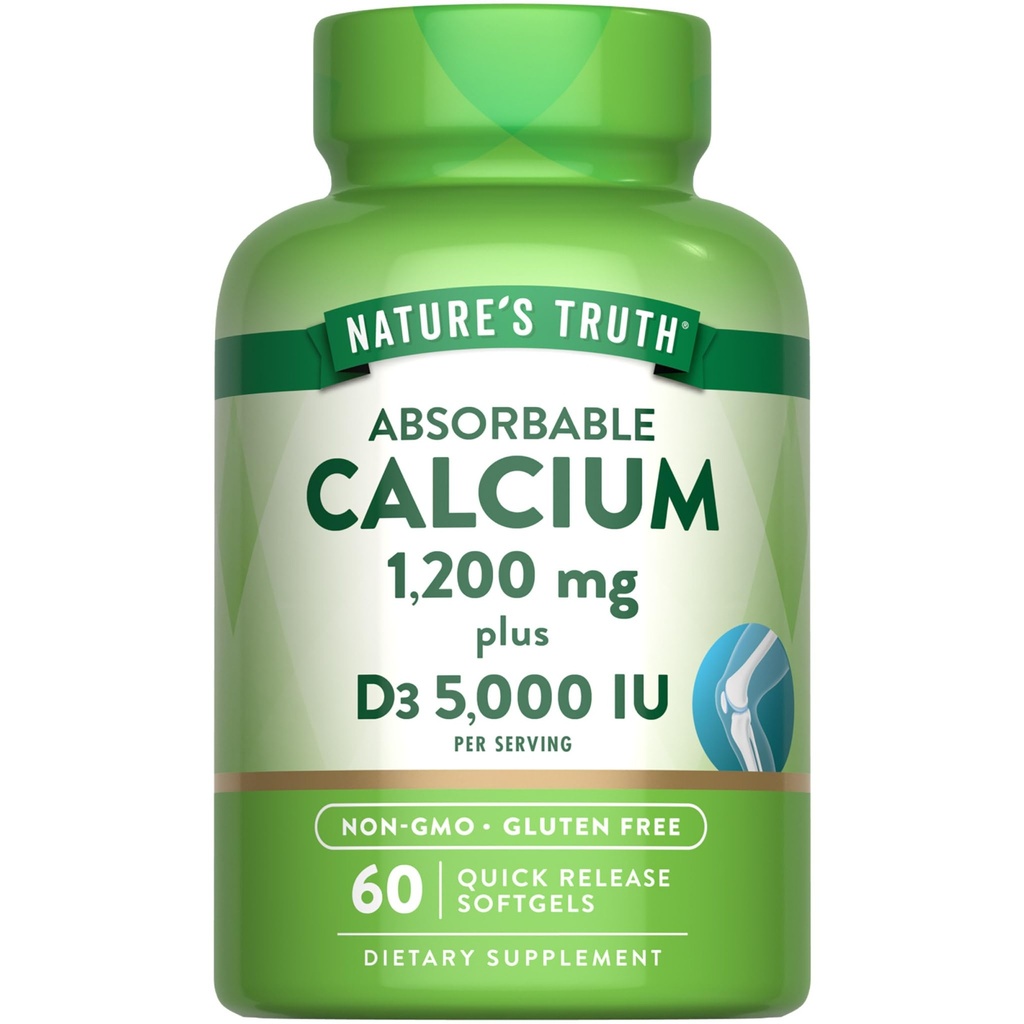 Nature's Truth Calcium 1200mg mit Vitamin D3 5000 IU | 60 Softgels | aus Calciumcarbonat | Non-GMO & Gluten Kostenlose Ergänzung