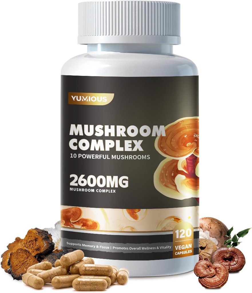 Complément complexe de champignons 2600mg, 120 Capsules - 10 Mélange de champignons - Reishi, gélules de complément de la crinière de lions, Lions Mane, Cordyceps, Chaga, Turquie Tail, Maitake, Shiitake, Complexe Nootropique de l'Oyster