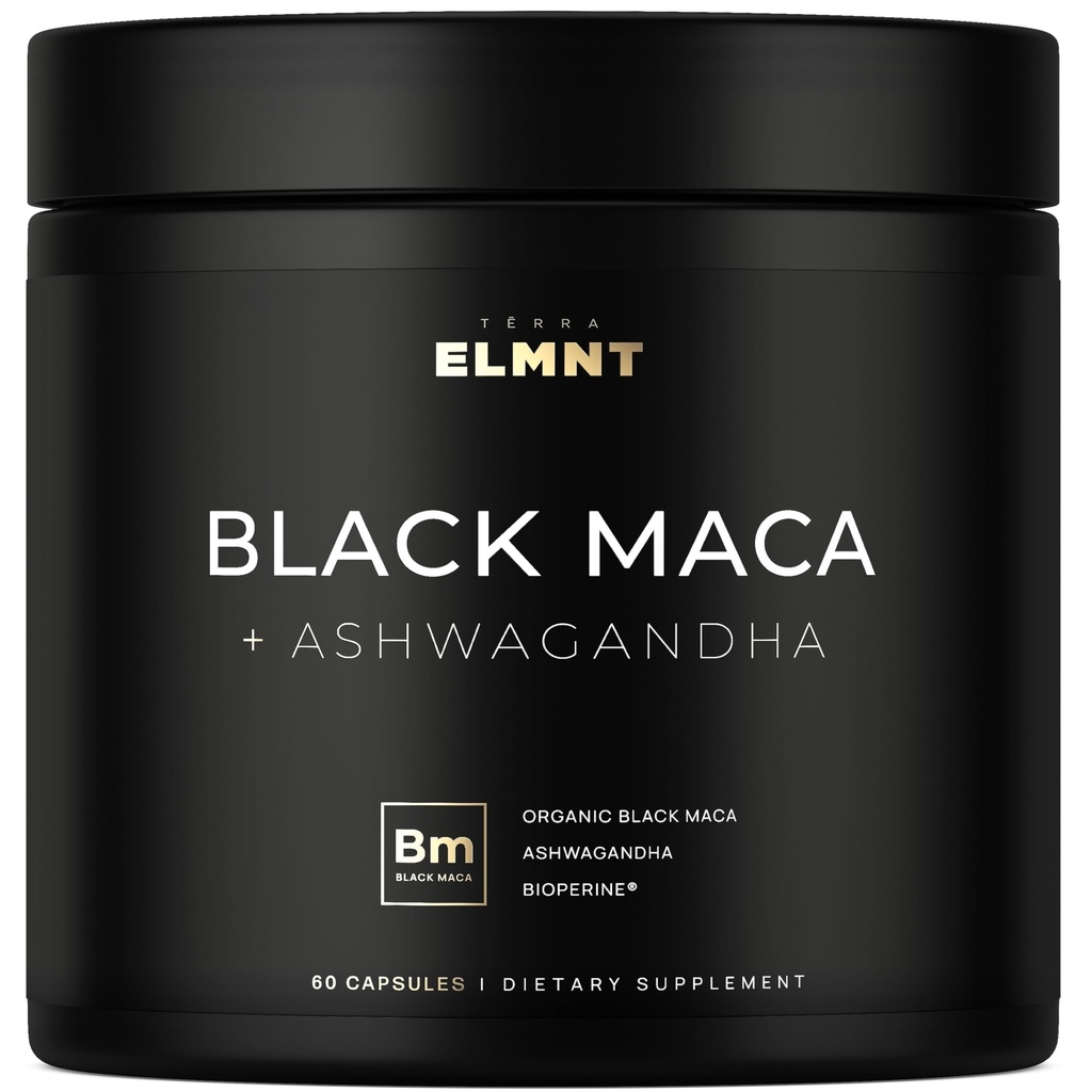 ELMNT 40.000mg 40x Strength Organic Black Maca Root w. Ashwagandha - #1 Höchste Potenz Black Maca Root Capsules für Männer Supplement 40:1 Extrakt - 100% reine Maca Peruana Maca Pulver Pillen Gelatinized