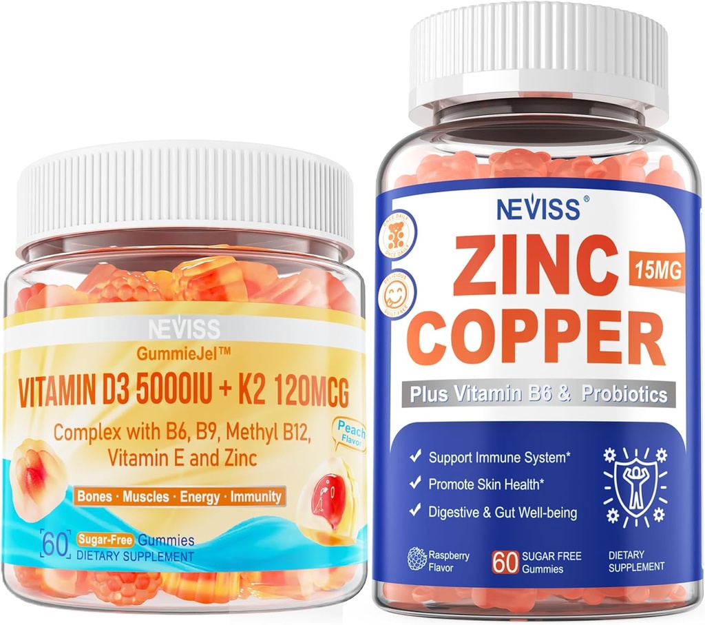 NEVISS Vitamine D3 5000UI + K2 (MK-7) 120mcg+ Gommies de cuivre de zinc