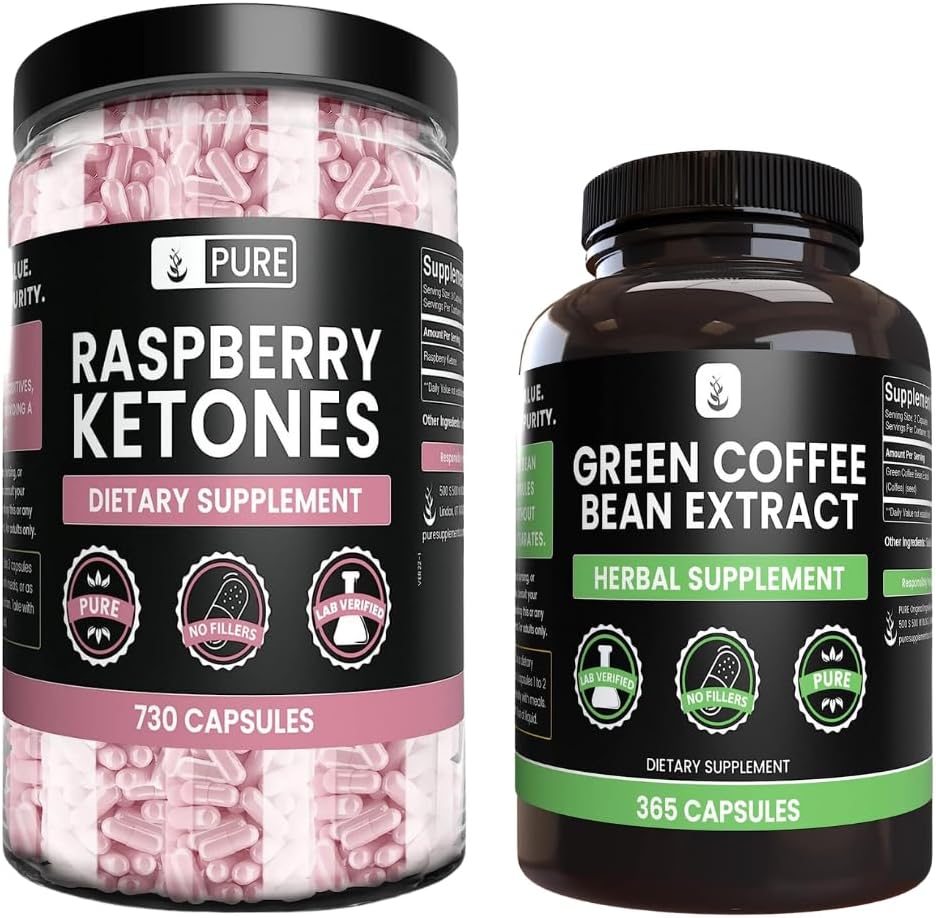 INGRÉDIENTS ORIGINAL DE PURE Cétone framboise et extrait de café vert, tailles variées, pas de remplissage, laboratoire vérifié