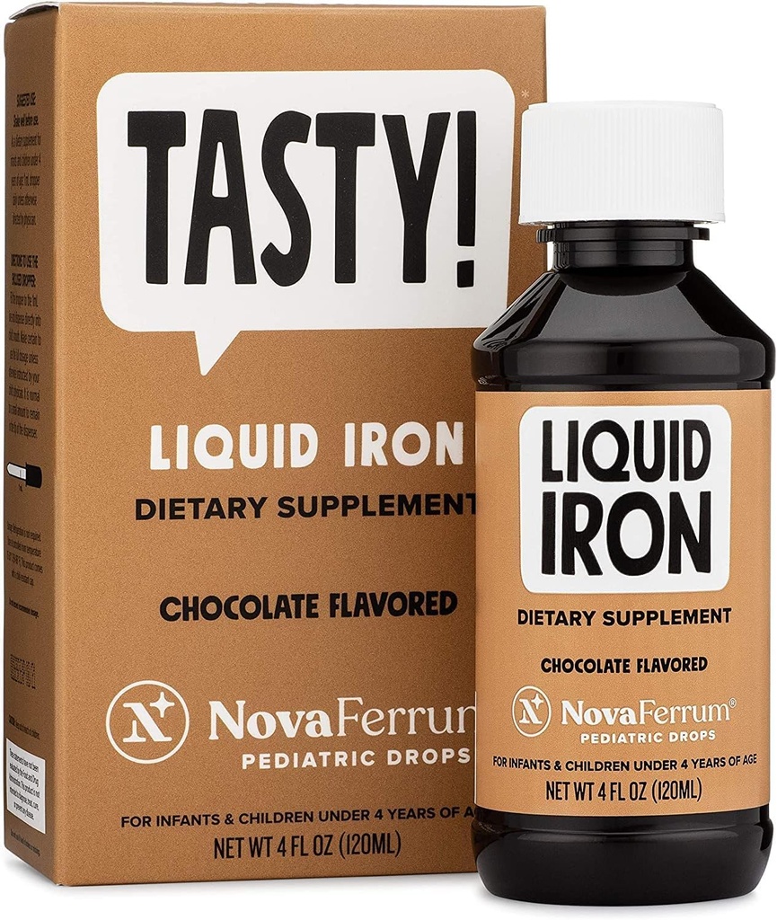 NovaFerrum Tasty | Pediatric Drops Flüssige Eisen Ergänzung für Kleinkinder, Kleinkinder und Kinder | 15mg Eisen pro 1mL Dose | Alter 4 & Unter | Gluten Free | Sugar Free | Chocolate Flavored | 120 Servierungen