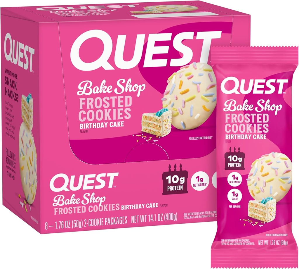 Quest Nutrition Frosted Cookies Twin Pack, Birthday Cake, 1g Sugar, 10g Protein, 2g Net Carbs, Gluten Free, 8 Count(Pack of 1)