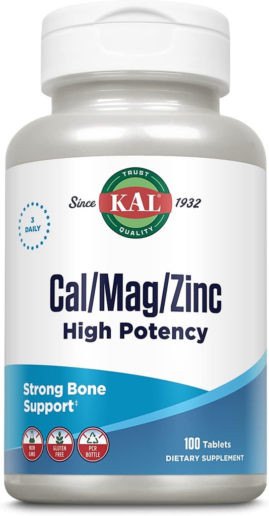 KAL Cal/Mag/Zinc | 1000mg Calcium, 400mg Magnesium & 15mg Zink | Knochen, Muskel, Herz & Immununterstützung | 100ct, 33 Serv