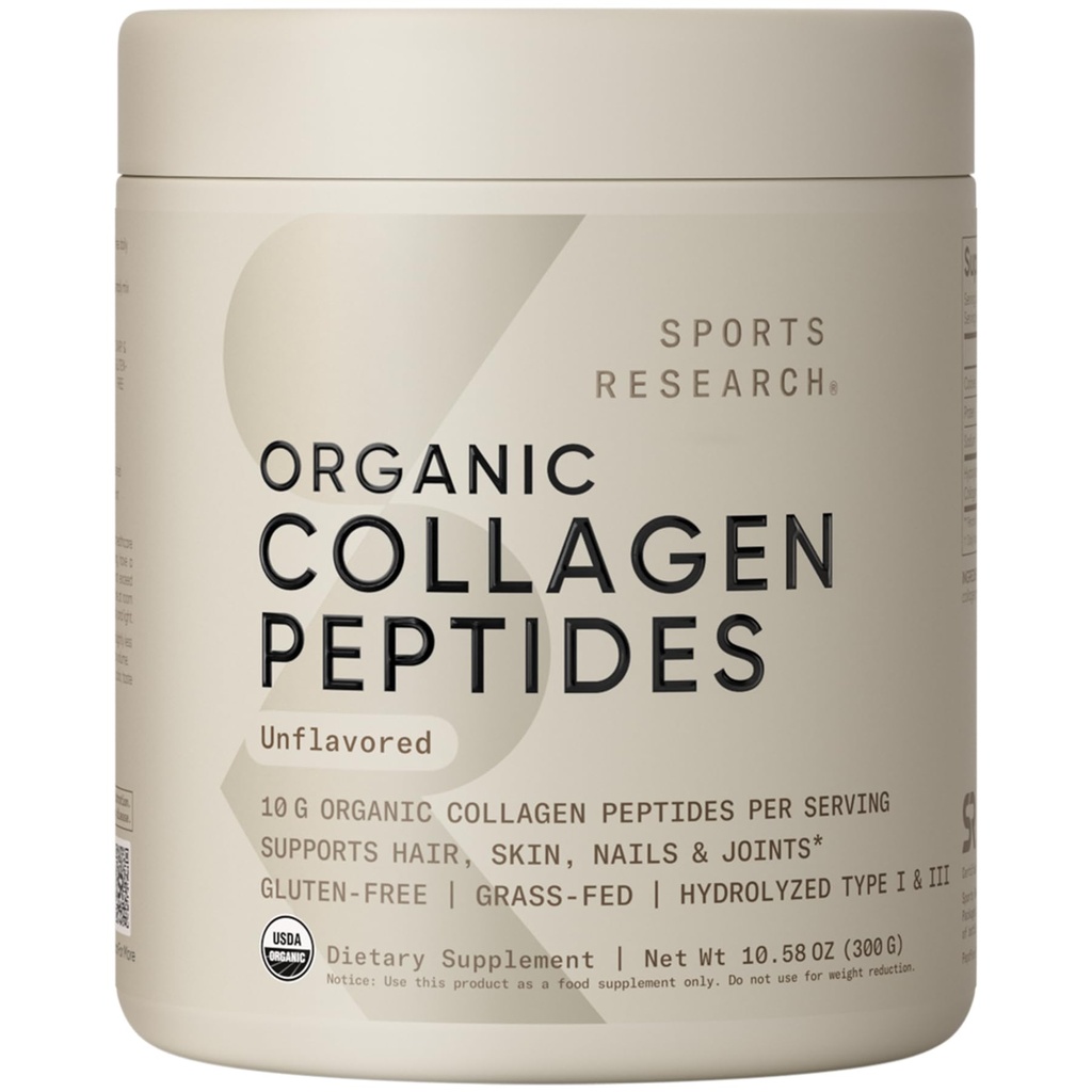 Sports Research® Peptides de collagène biologique - Poudre de protéine de collagène hydrolysée de type I et III fabriquée de façon durable à partir de vaches herbeuses - USDA Organic· Non-OGM · Sans gluten - Non aromatisé, 30 portions