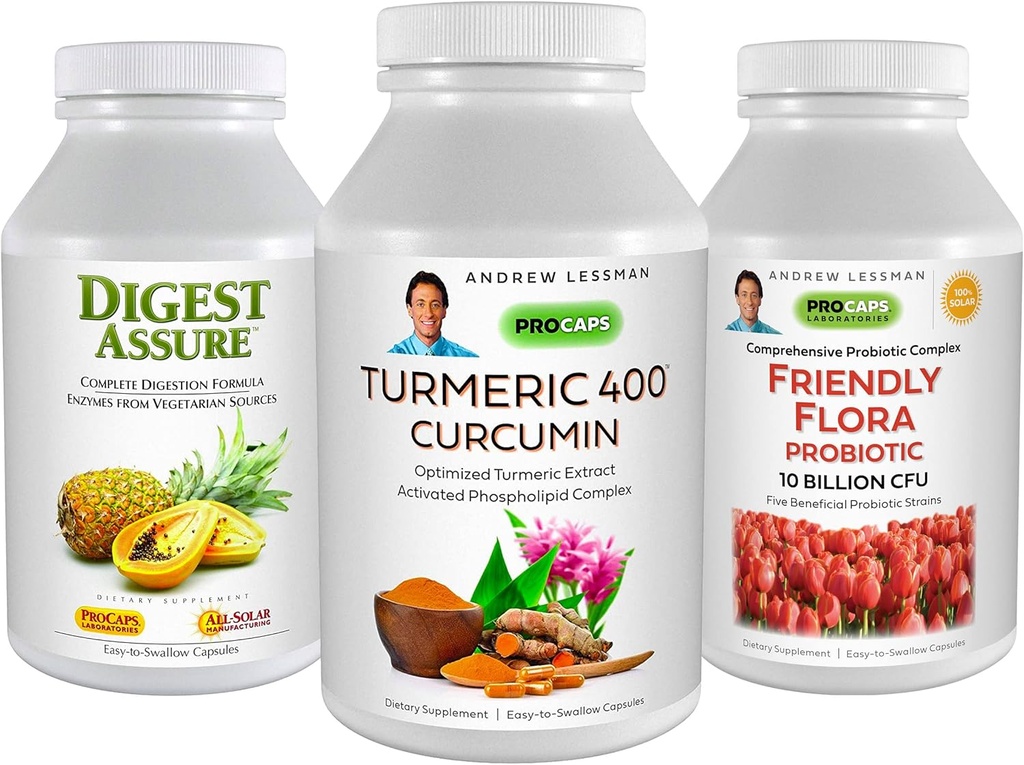 ANDREW LESSMAN 3 Produkt Digestive Bundle - 30 Kapseln jeder von Turmeric 400 Curcumin, Digest Assure & Ultimate Friendly Flora. Unterstützt und verbessert gesunde Verdauungsprozesse.