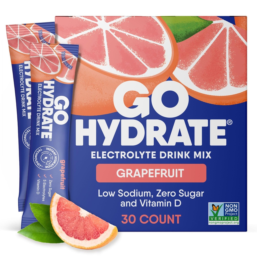 GoHydrate à faible teneur en sodium Électrolytes Poudre Packets Sans sucre - Hydratation instantanée Mélange quotidien - Zéro mélange d'eau de sucre Flaveur simple avec vitamine D - (Grapefruit, 30 paquets)