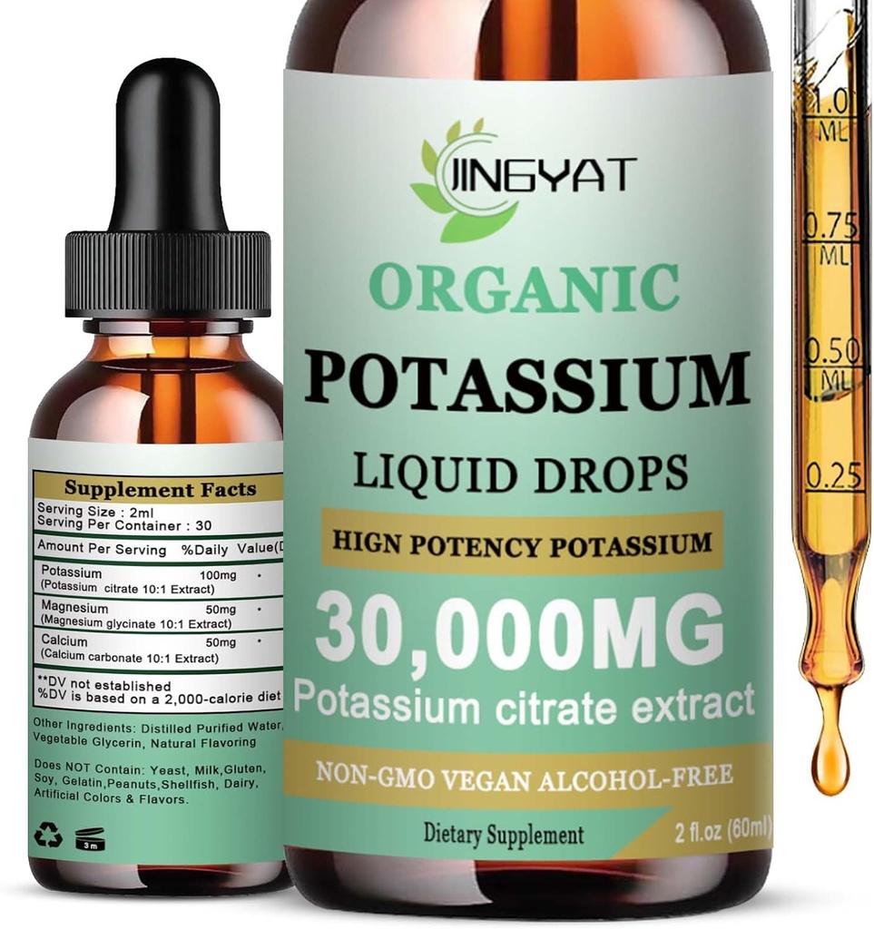 Kalium-Magnesium-Flüssigtropfen - Bio-Flüssig-Ergänzung - Hohe Absorption Kalium-Zitrat 1000mg Magnesium Glycinat 500mg Calcium für Herz, Leg Cramps & Muskel - Non-GMO, Vegan, 2 Unzen