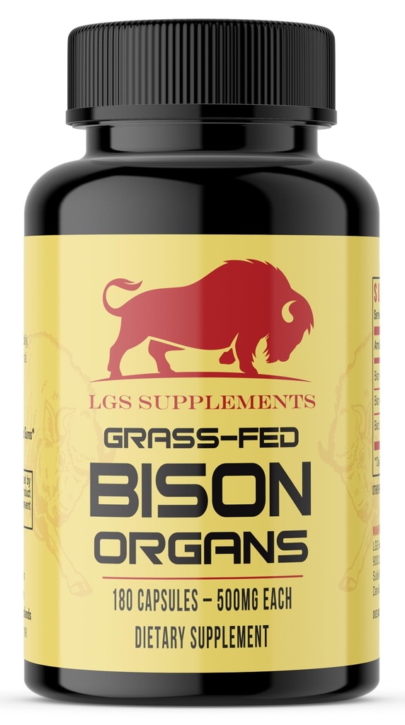 Supplément d'organe de bison de la Fed d'herbe, soutient le bien-être du corps entier avec mélange propriétaire de foie, coeur, rein, bison séché au gel, non-OGM, 180 capsules