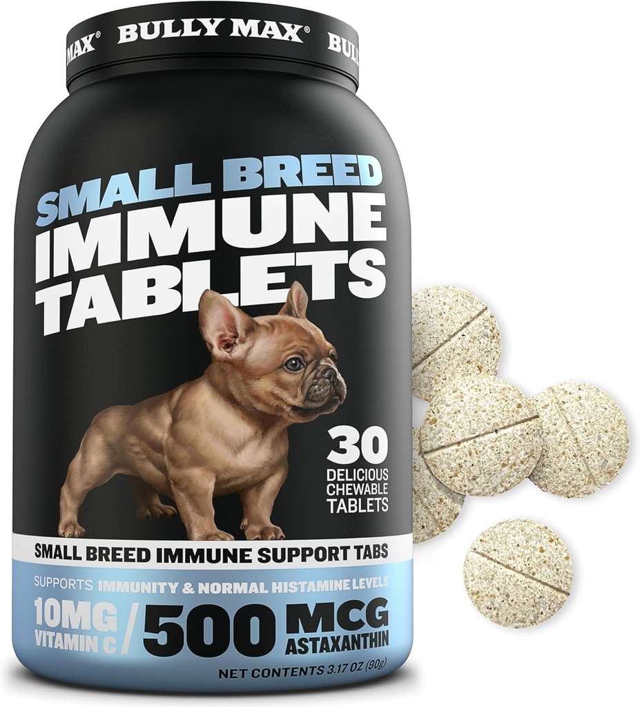 Bully Max Small Breed Dog Immune Support Tablets - Chewable Dog Multivitamin Immunity Booster Supplement Tabs for Puppy & Adult Dogs - Pet Vitamins with Astaxanthin, Colostrum, Turmeric - 30 Tablets