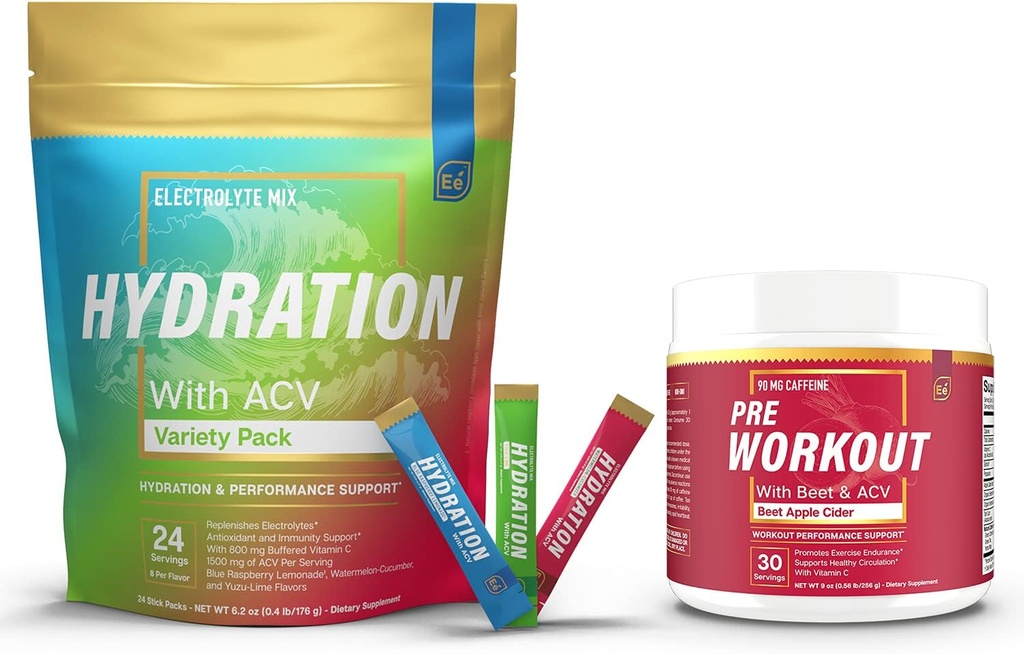Sugar Free Hydration Powder Packets Vielfalt - 24 Stick Packs & PreWorkout Pulver mit ACV | Hitze, Übung, Reisen, Tägliche Hydration + Superfood Energy & All-Natural Nitric Oxide Booster Plus Koffein