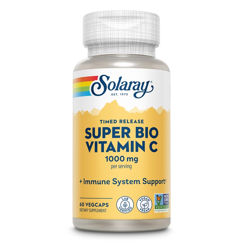 SOLARAY Super Bio vitamine C tamponnée 1000mg, deux niveaux, libération à temps vitamine C avec bioflavonoïdes, supplément de soutien immunitaire - haute absorption, végétalien, garantie 60 jours, 30 portions, 60 VegCaps