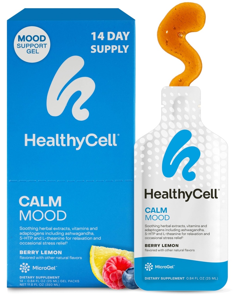 Healthycell Calm Mood Daily Liquid Supplement - Cortisol Manager & Mood Support Supplement für Stress mit Ashwagandha, L-Theanin, Magnesium, 5-HTP, GABA & Saffron - 14 Gel Packs