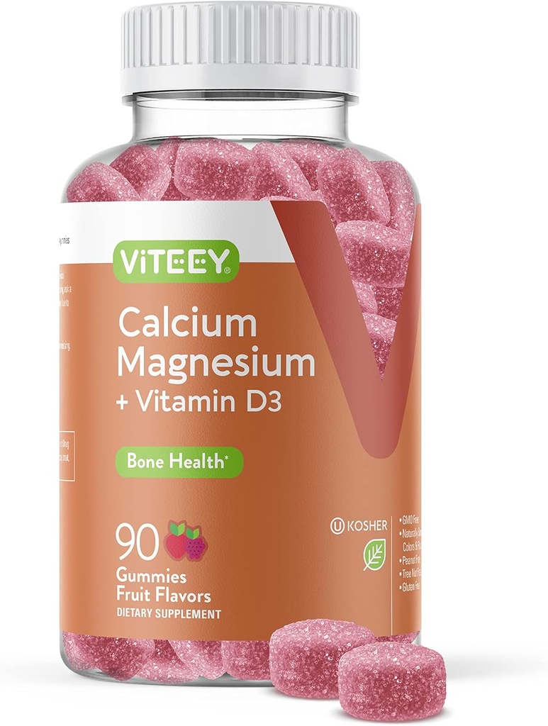 Viteey Kalziumgummis mit Vitamin D3 und Magnesiumergänzung für Knochengesundheit - Kaubare Kalziumergänzungsmittel für Damen und Herren - Glutenfrei, Non-GMO - 90 Count