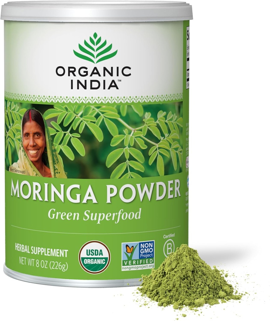 ORGANIC INDIA Moringa Powder - Moringa Oleifera Blatt Kräuterergänzung, Grüne Superfood, Nährstoffdicht, reines Pflanzenprotein, Vitamin A, E, K, Eisen, Calcium, Fiber, Vegan, USDA Certified Organic - 8 oz