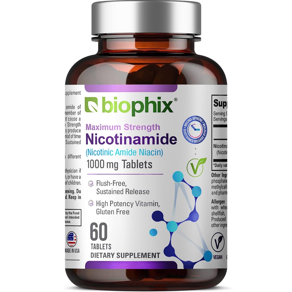 biophix B-3 Nicotinamid 1000 mg 60 Tabletten Extra Strength Timed Release - Nicotinic Amide Niacin Natural Flush-Free Vitamin Formula - Unterstützt Hautzellengesundheit