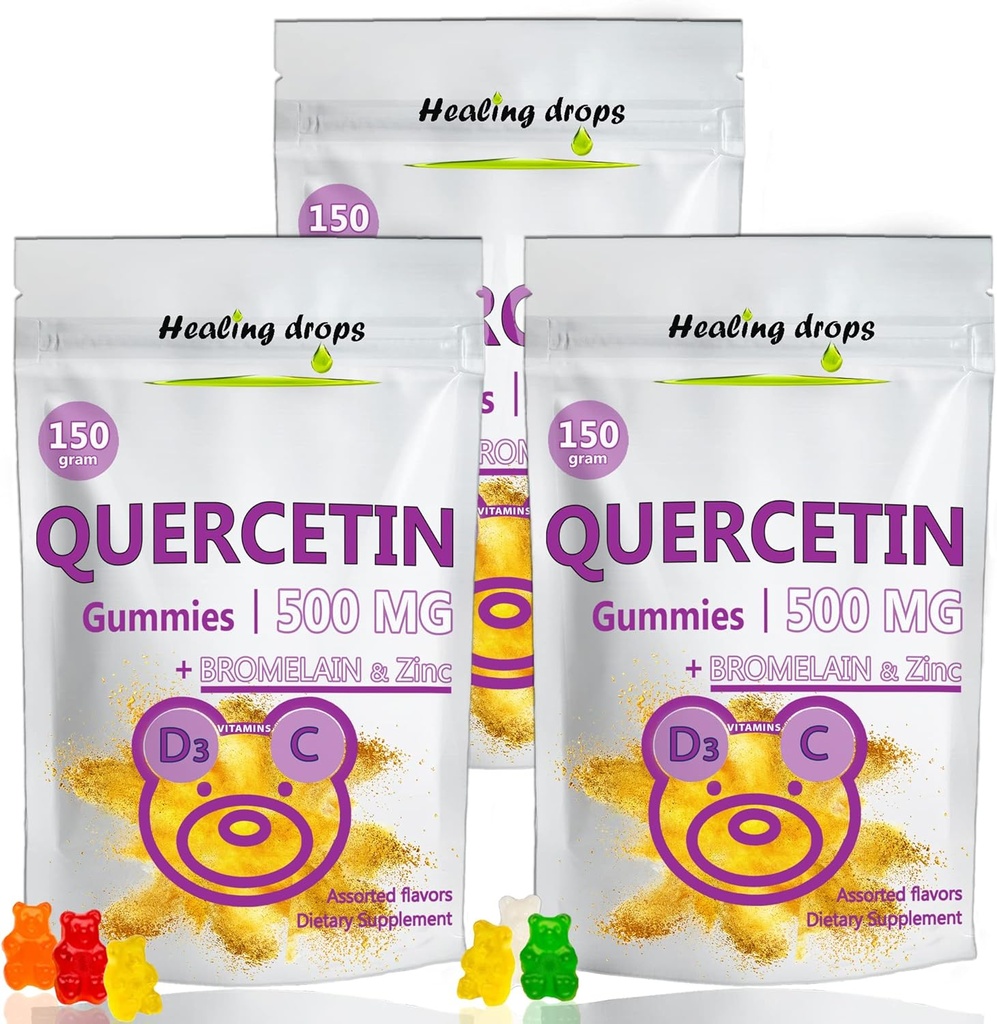Quercetin mit Bromelain Gummi - Vitamin C + Zink + Vitamin D3 - Quercetin 500mg Gummi für Kinder und Erwachsene (3 Packungen)