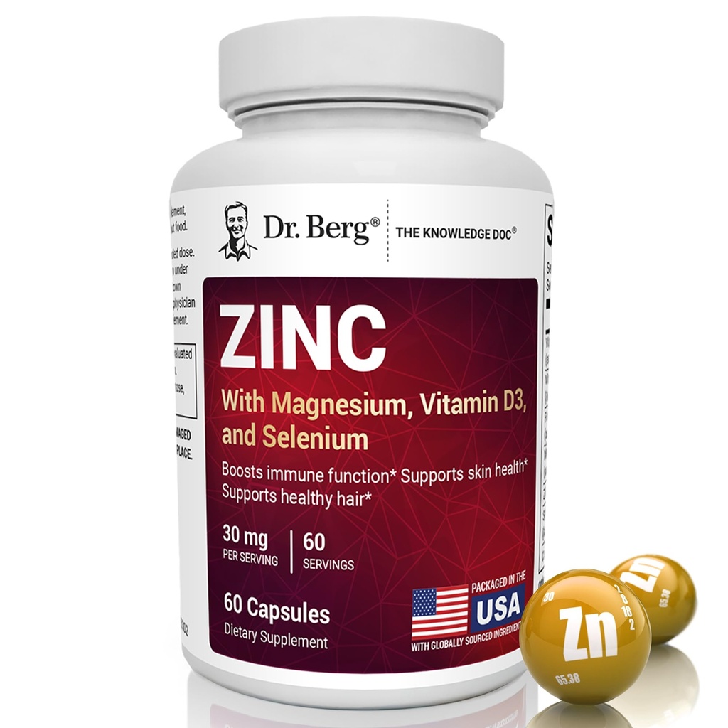 Dr. Berg Zink 30mg Enhanced with Magnesium, Vitamin D3, Selen, & Kupfer - Zink-Ergänzungen für Männer & Frauen - Chelat Zink für Immun, Haut, Haar, & Nails Unterstützung* - 60 Kapseln