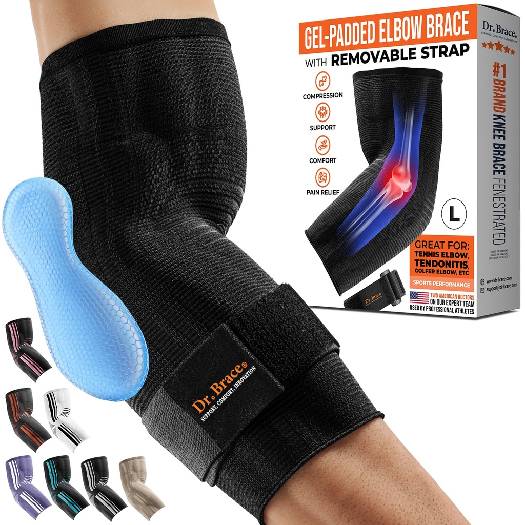 DR. BRACE® Elite Elbow Brace Unterstützung, Atmungsaktive Elbow Kompressionshülle mit Gel Pad für Golfer, Tennis Elbow & Tendonitis Behandlung & Schmerz Relief 2024 (schwarz, groß)
