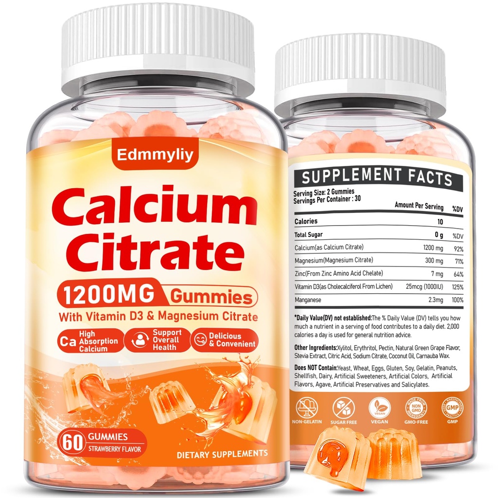 Supplément de Citrate de Calcium Gommies pour Adulte - Citrate de Calcium sans sucre 1200 Mg avec Magnésium 300 Mg & Vitamine D3 - Suppléments de Calcium bio à croquer pour Femmes & Hommes