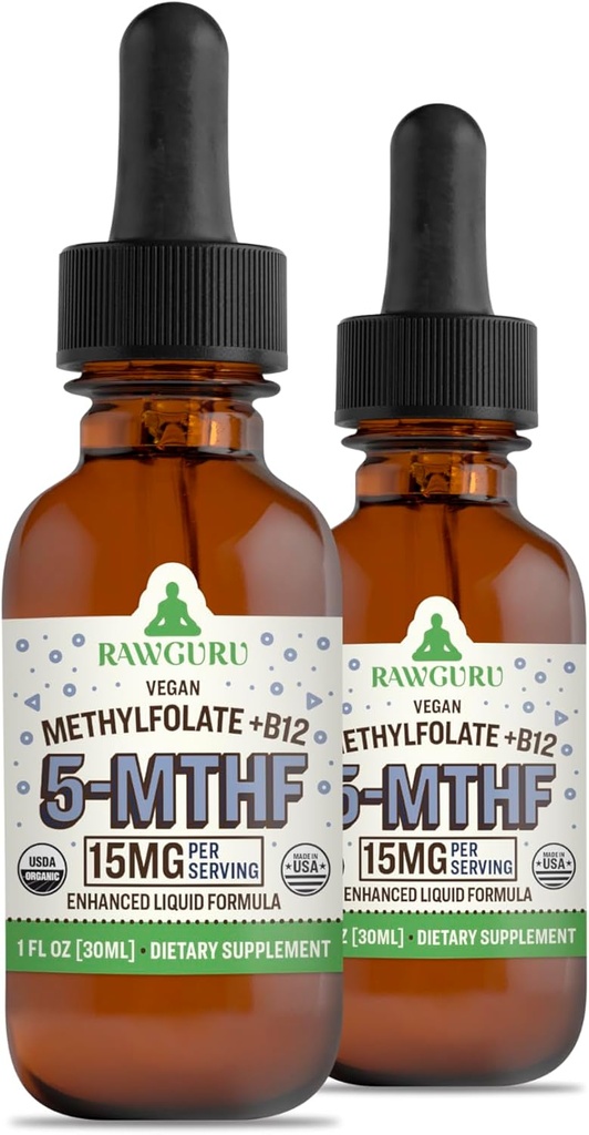 RawGuru L-Methylfolat 15 mg + Vitamin B12 - Organische Vegan methylierte B12 mit Trace Minerals - Nano-processed & Enhanced Liquid Formula - 300 Serviergeräte Vegan Tropfen pro 30 ml, Packung 2