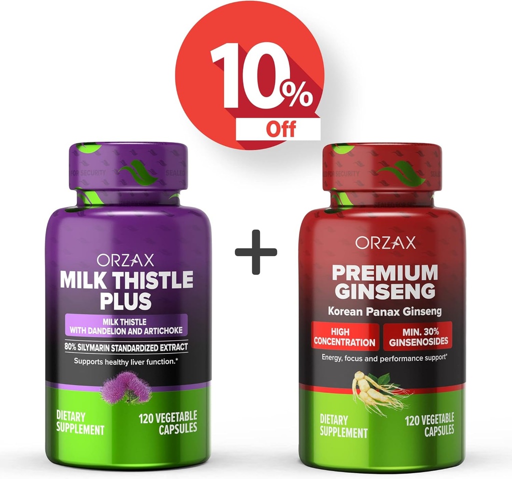 OrzAX Thistle Lait Plus 120 Capsules Vegatable et Ginseng Premium 120 Capsules Vegatable, ensemble