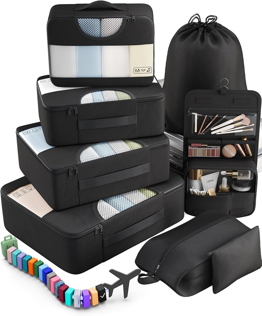 Veken 10 Set/8 Set Verpackung Cubes für Reise Essentials, Suitcase Organizer Taschen in 4 Größen, Carry-On Gepäckzubehör mit großer Wäscherei &amp; Toilettenpapiertasche, Must-Have für Flugzeug, Road Trip &amp; Camping