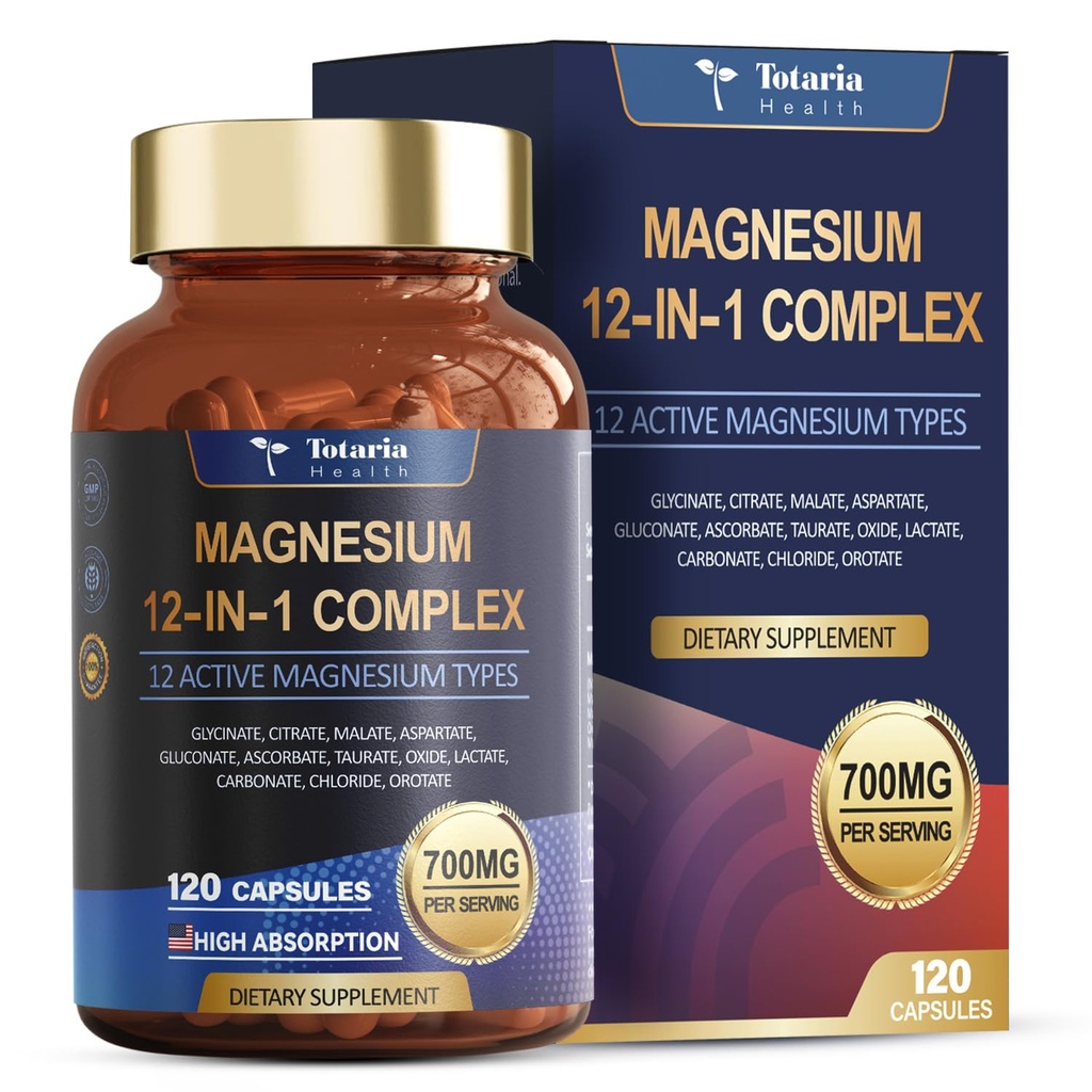 Totaria Magnesium Complex 700mg 12 in 1 Magnesium Supplement with Glycinate Citrate Malate Oxide Taurate Aspartate Orotate Magnesium Relaxation,Muscle,Heart Support, Vegan 120 Capsules