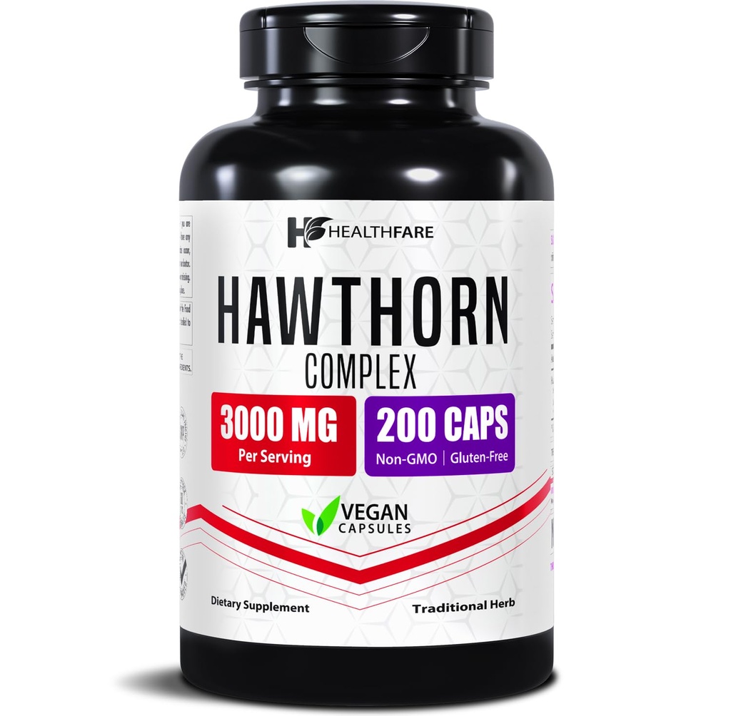 Healthfare Hawthorn Berry Supplement Extract 3000mg.Formule d'herbe extra-résistante de 200 capsules végétaliennes soutient la santé cardiaque et circulatoire.