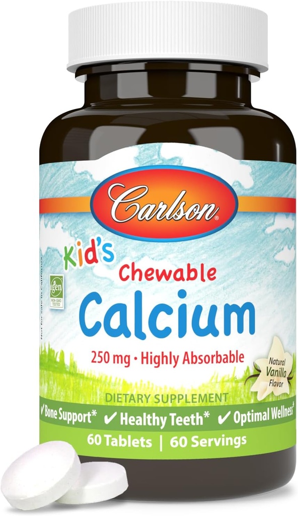 Carlson - Kid's Chewable Calcium, 250 mg, Highly Absorbable, Bone & Teeth Support, Optimale Wellness, Natürliche Vanille Flavor, 60 Tabletten