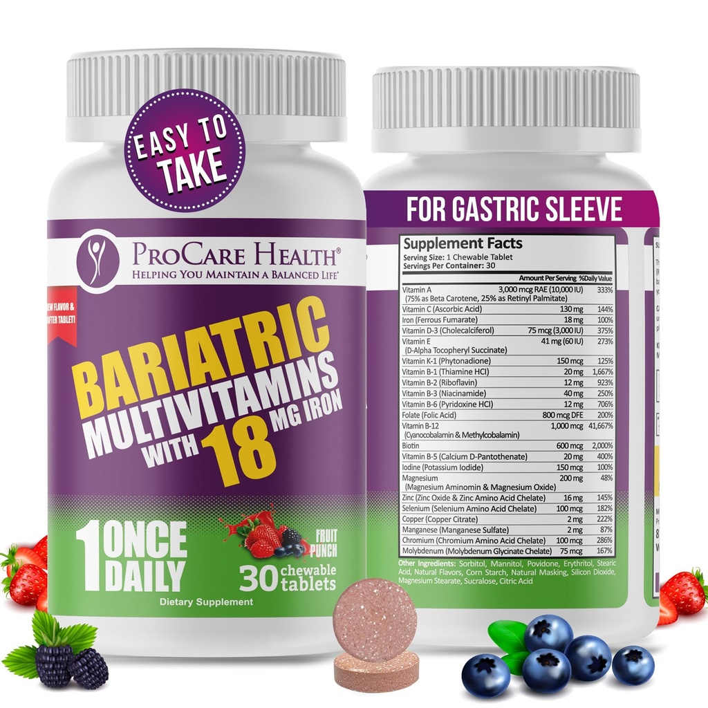 ProCare Health Bariatric Chewable Multivitamin mit Eisen 18mg (30 Tabletten) - Frucht Punch Flavor Bariatric Multivitamin Chewable für Magen Bypass &amp; Gastrectomy Patienten* (1 Monat Versorgung)