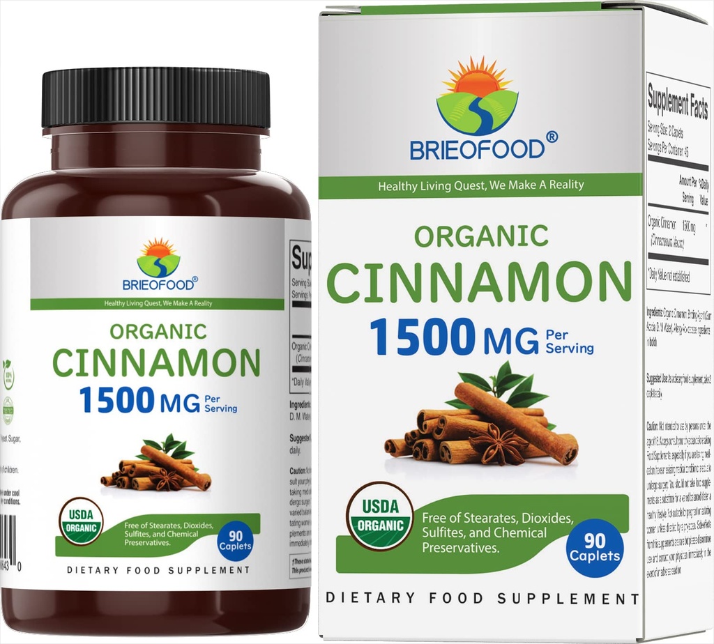Brieofood Organic Cinnamon 1500mg, 45 Servierungen, Vegetarisch, Glutenfrei, 90 vegetarische Tabletten