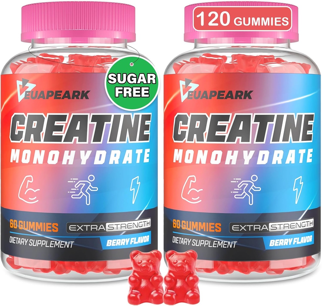 Creatine Monohydrate Gummis, Pre-Workout Chewables Supplement für Frauen und Männer, Kreatin Monohydrate mit Taurine & B6 - für Muskel, Stärke, Endurance & Energy, Vegan (Berry, 120 Gummies)