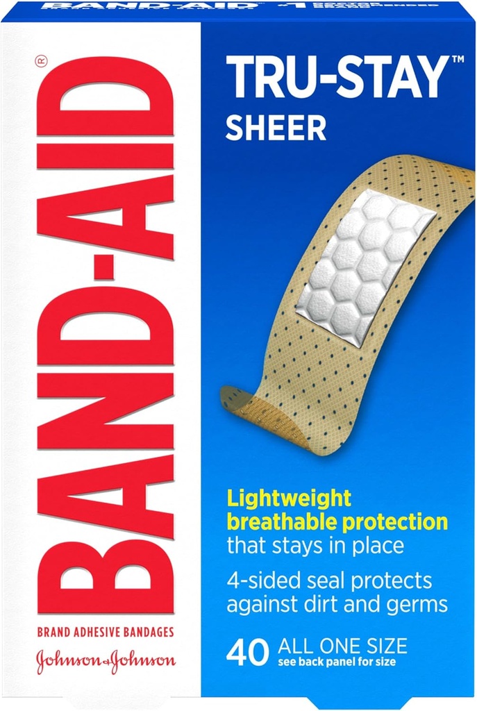 Band-Aid marque Tru-Stay Strips adhésifs stériles bandes pour les premiers soins et la protection des blessures, bandages individuels de soins des blessures pour les coupures et les scraps mineurs, tous de taille unique, 40 ct
