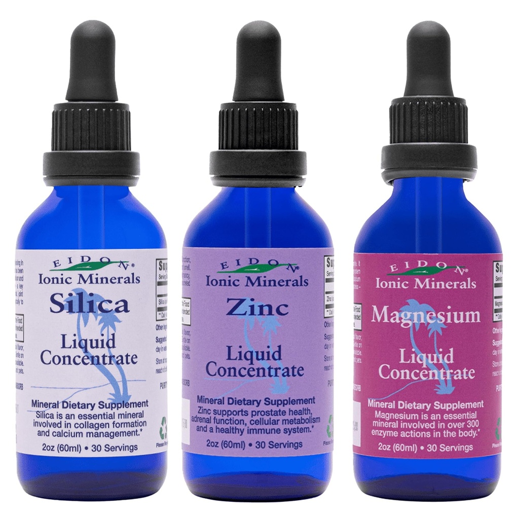 Eidon Ionic Minerals Liquid Silica, Zinc, & Magnésium Drops Variety Pack - Silica, Zinc, & Magnésium Suppléments, Trace Mineral tout naturel, Pas de conservateurs ou additifs - 2 oz, Pack de 3