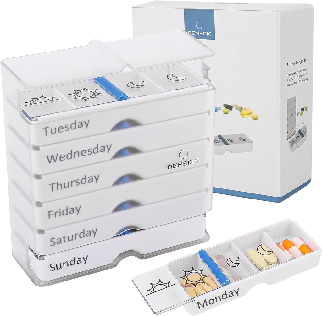 Organisateur hebdomadaire de pilules 7 jours AM/PM – 4 Compartiments par jour, Cas de pilules agréable à l'arthrite avec une meilleure conception de la poignée, planificateur de médicaments pour les vitamines, suppléments et médicaments – Facile à utiliser Pillbox