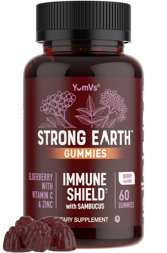 Strong Earth Elderberry Gummies – Sambucus Elderberry Immununterstützung mit Vitamin C & Zink – Black Elderberry Gummies, Berry Flavor, Non-GMO, Gluten Free, Kosher – 60 Count