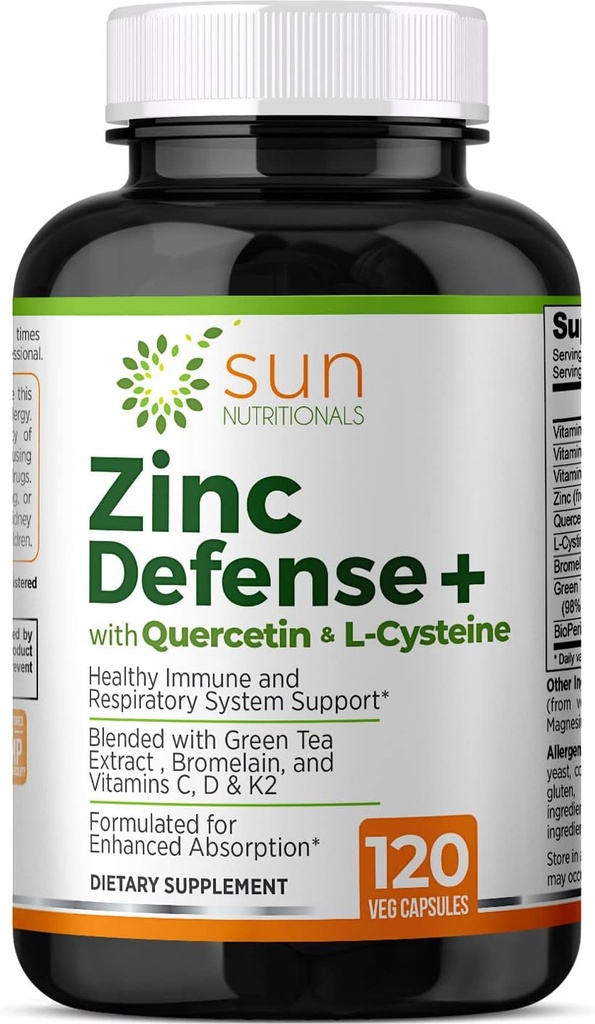 Zinc Defense+ avec Quercetin, Bromelain, L-Cysteine, EGCG (extrait de thé vert), Vitamines C, D3 et K2, 2 mois, 120 VCaps, non-OGM, sans gluten